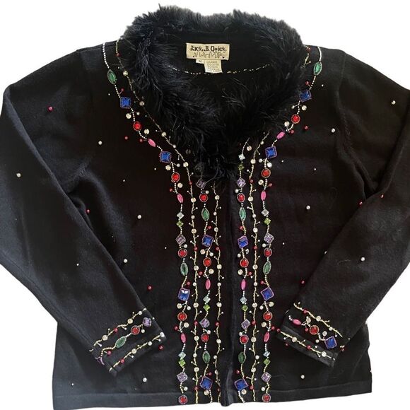 jack B Quick Sweaters - Jack B Quick vintage embellished button down black cardigan w/  faux fur collar